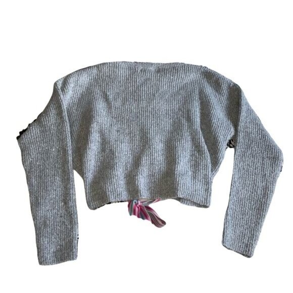 Crave Fame Grey Combo Knit Cropped Sweater W/ Pink Stripe Tie Medium - Picture 2 of 3